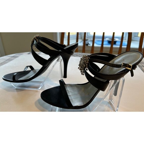 Women's Aldo Strappy Sandals Size 7 Black Silver Rhinestone Flower 4 Inch Heels - Picture 5 of 8